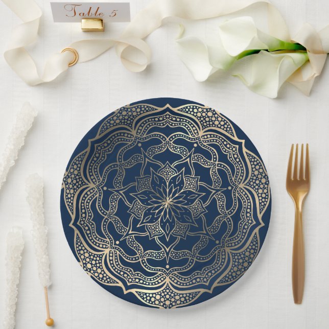 Prato De Papel Mandala Art Boho Elegante Marinho Dourado Natal Az (Casamento)
