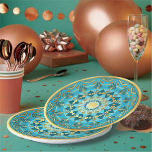 Prato De Papel Mandala azul dourado em Fundo de Ouro Suave
