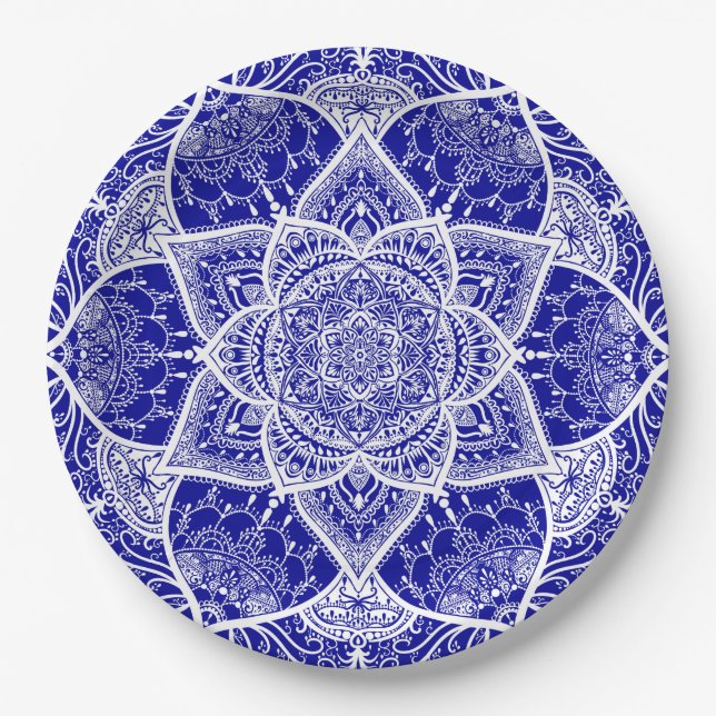 Prato De Papel Mandala azul e branca - Loergann em Sapphire (Frente)