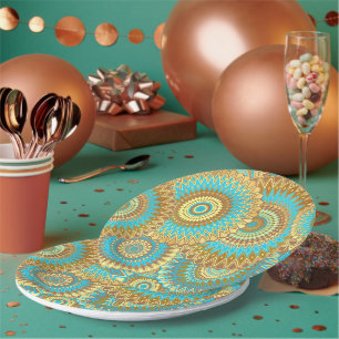 Prato De Papel Mandala Azul Marrom Dourado Sobreposto