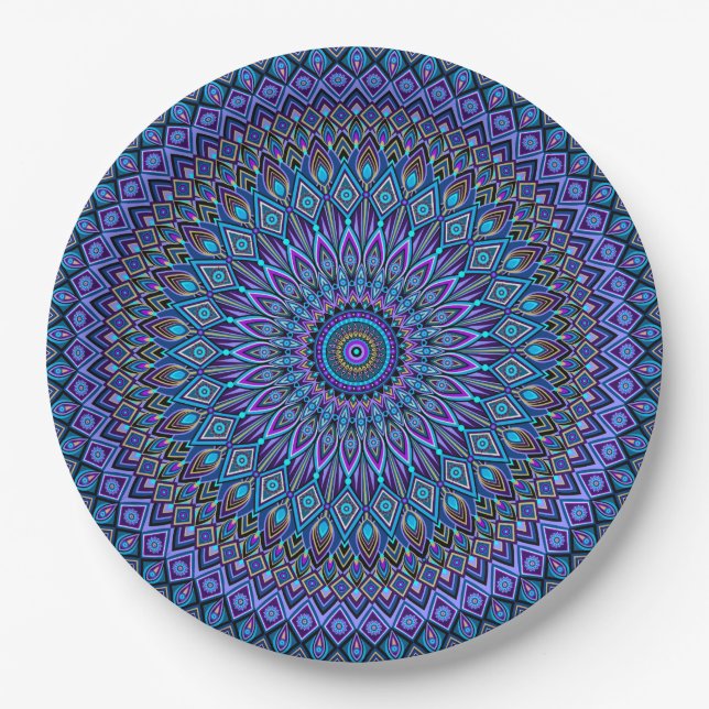 Prato De Papel Mandala Boho Blue Teal Purple Peacock Vibrante (Frente)