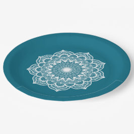 Prato De Papel Mandala Branco em Fundo Azul
