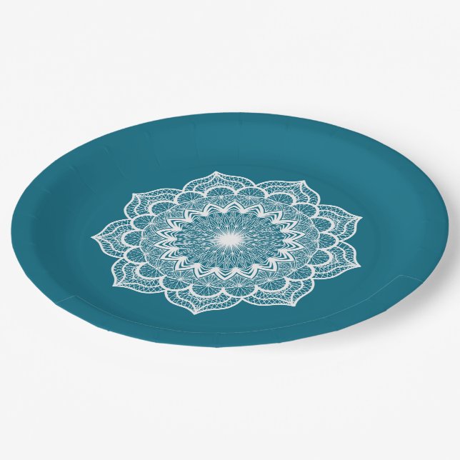Prato De Papel Mandala Branco em Fundo Azul (Inclinado)