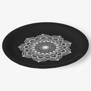 Prato De Papel Mandala Branco em Fundo Preto