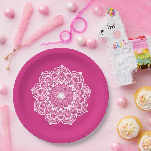 Prato De Papel Mandala Branco em Fundo Rosa (Festa)