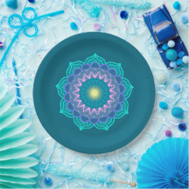 Prato De Papel Mandala Colorida em Fundo Azul