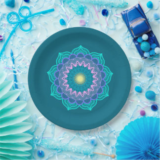 Prato De Papel Mandala Colorida em Fundo Azul
