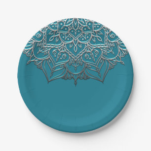 Prato De Papel Mandala Elegante Minimalista em Verde Azul e Prata