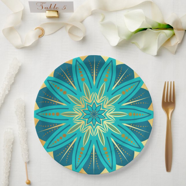 Prato De Papel Mandala Flor de Ouro Azul (Casamento)