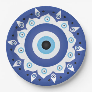 Prato De Papel Mandala Grego Mau Azul Branco