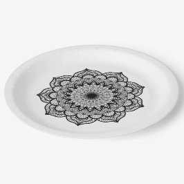 Prato De Papel Mandala Preto em Fundo Branco