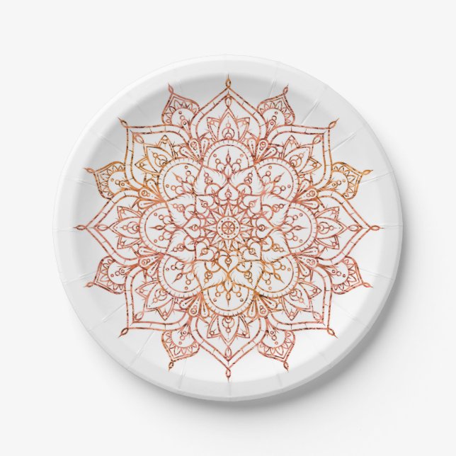 Prato De Papel Mandala Rosa e Laranja no Glama Branco (Frente)