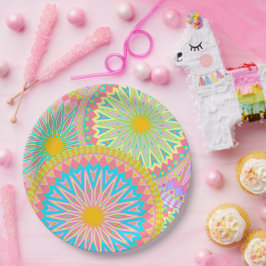 Prato De Papel Mandala Sobreposta Rosa Azul Amarelo Verde-Menta R