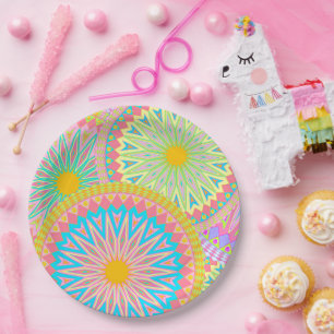 Prato De Papel Mandala Sobreposta Rosa Azul Amarelo Verde-Menta R