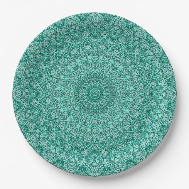 Prato De Papel Mandala Turquesa com Simetria Intrincada (Frente)