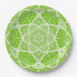 Prato De Papel Mandala Verde e Branco - Loergann em Ginkgo
