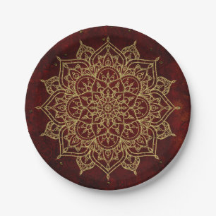 Prato De Papel Mandala Vermelho Vinho Profundo & Glamour Dourado 