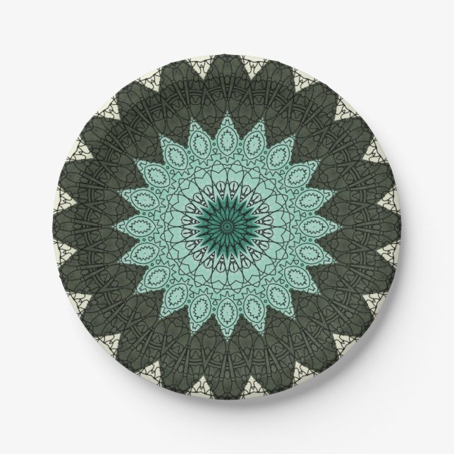 Prato De Papel Mandalas caleidoscópio em verde e azul (Frente)