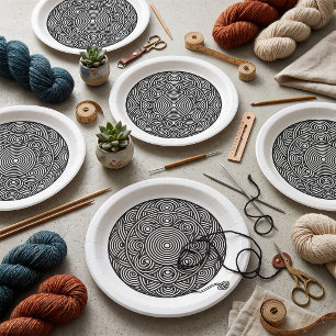 Prato De Papel Mandalas de Bola de Fio Preto e Branco