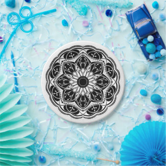 Prato De Papel Mandalas florais redondos em preto e branco