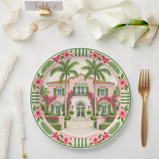 Prato De Papel Mansão Tropical Rosa e Verde de Palm Beach Hibisco