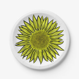 Prato De Papel Mão De Girassol Amarelo Amarelo Floral Desenhada