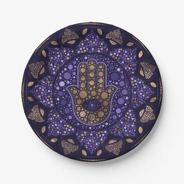 Prato De Papel Mão de Hamsa - Mão de Fátima em Lotus mandala (Frente)