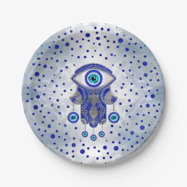Prato De Papel Mão de Hamsa - Mão de Fatima Lapis Lazuli e Prata (Frente)