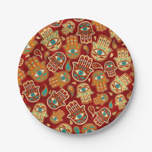 Prato De Papel Mão de Hamsa - Mão de Fátima Teal Terracotta (Frente)