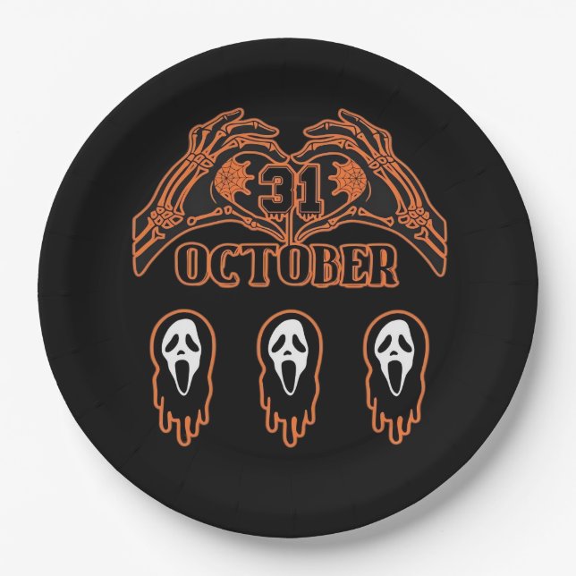 Prato De Papel Mãos De Esqueleto Para O Halloween Clássico (Frente)