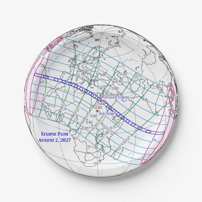 Prato De Papel Mapa do Eclipse Solar Total de 2027 (Frente)