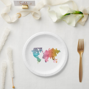 Prato De Papel Mapa do Mundo Geométrico Colorido - Trendência