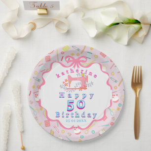Prato De Papel Máquina de Costura Rosa de Aniversário de Costurei