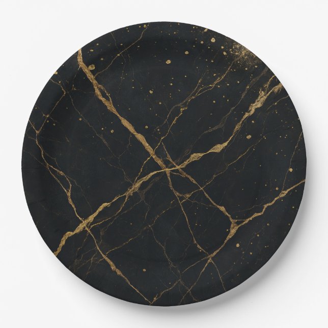 Prato De Papel Marble Black e Dourado Casamento da meia-noite Gil (Frente)