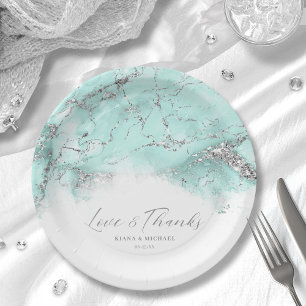 Prato De Papel Marble Glitter Wedding Teal Silver ID644