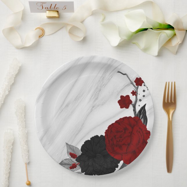 Prato De Papel Marble preto e vermelho (Casamento)