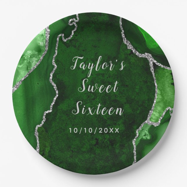 Prato De Papel Marble Verde e Silver Agate Sweet 16 (Frente)