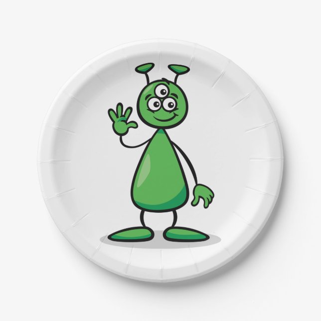 Prato De Papel Marciano Cartoon Alien Verde de Três Olhos (Frente)
