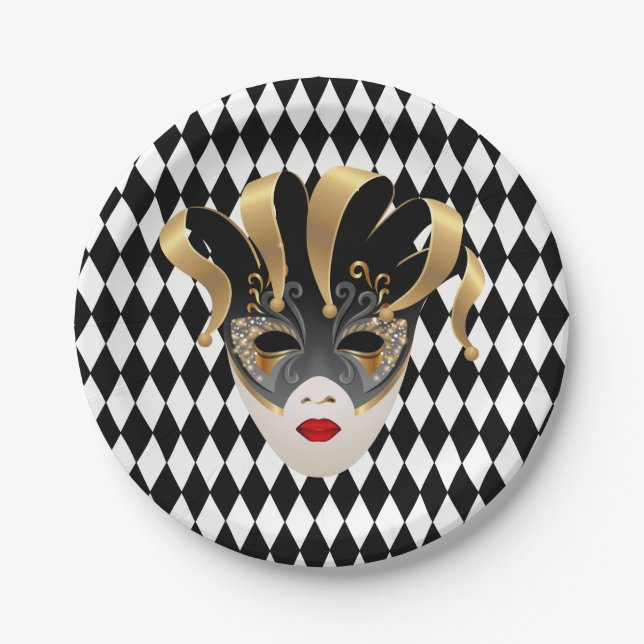 Prato De Papel Mardi Gras Black & White Diamond (Frente)