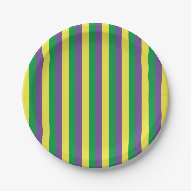 Prato De Papel Mardi Gras Green, Yellow & Purple Stripes (Frente)