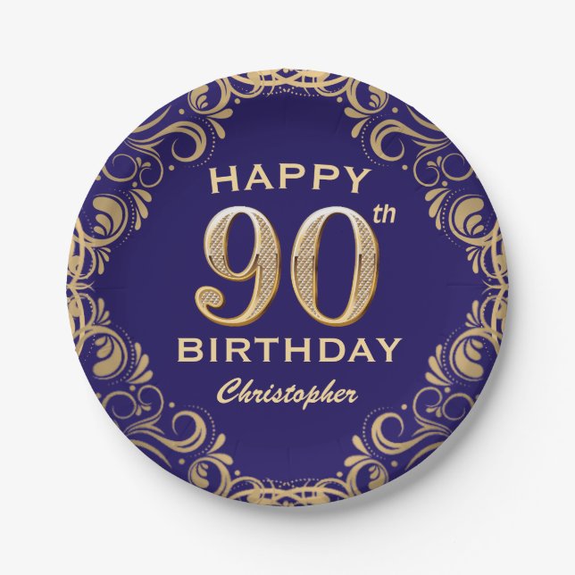 Prato De Papel Marinho 90 Festa de aniversário azul e brilhante D (Frente)