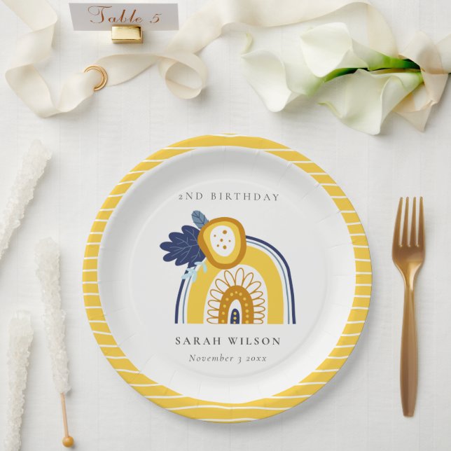 Prato De Papel Marinho Amarelo Boho Arco Floral Qualquer Idade An (Casamento)
