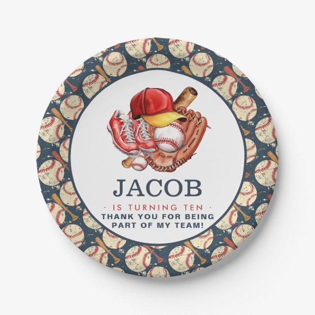 Prato De Papel Marinho Azul Aniversário de criança de Baseball -  (Frente)