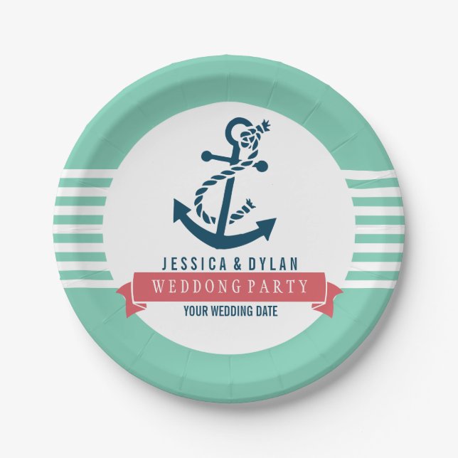 Prato De Papel Marinho Azul, Banheiras Brancas Anticorais Náutica (Frente)