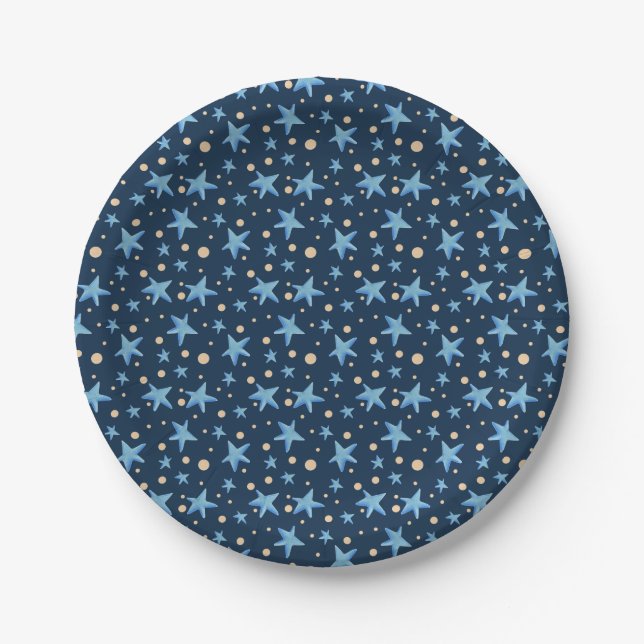 Prato De Papel Marinho azul com estrelas azuis e pontas amarelas  (Frente)