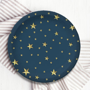 Prato De Papel Marinho Azul Dourado 3D Estrelas Estilo Militar
