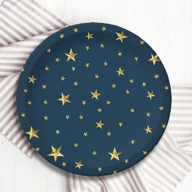 Prato De Papel Marinho Azul Dourado 3D Estrelas Estilo Militar (Criador carregado)