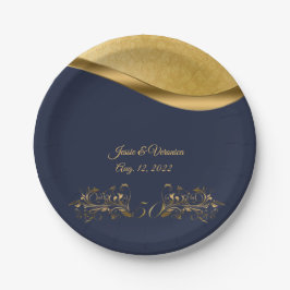Prato De Papel Marinho Azul e Dourado 50º Aniversário de Casament