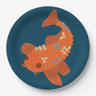 Prato De Papel Marinho Azul e Laranja Natação Koi Peixe Goldfis