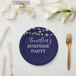 Prato De Papel Marinho Azul e String Light Surprise Birday